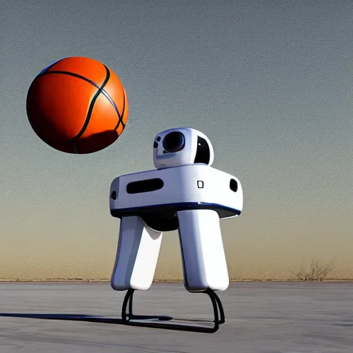 Prompt: flying drone robot with basketball hoop on drone robot body