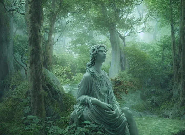 Prompt: an idealistic marble statue with fractal flowery hair and fair porcelain face and green eyes, in a magical forest, painted by, mc escher, gordon onslow ford, georgia o'keeffe and ivan aivazovsky, cinematic light, god rays, colourful, unreal engine, zbrush central,