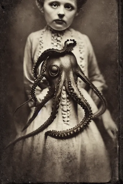 Image similar to wet plate photograph portrait of victorian octopus child with an octopus head, dressed in a victorian - era clothing, entire head is an octopus, dramatic lighting, highly detailed, smooth, sharp focus