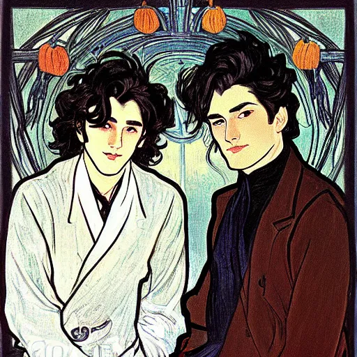 Image similar to painting of young cute handsome beautiful dark medium wavy hair man in his 2 0 s named shadow taehyung and cute handsome beautiful min - jun together at the halloween! party, bubbling cauldron!, candles!, smoke, autumn! colors, elegant, wearing suits!, delicate facial features, art by alphonse mucha, vincent van gogh, egon schiele