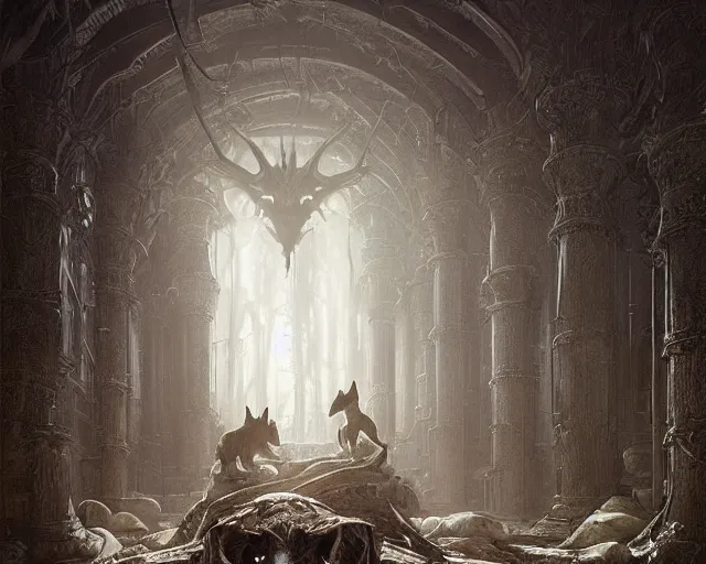 Prompt: fantasy, inside the king's hall wolves and their treasures, ethereal, ominous, misty, 8 k, by h. r. giger greg rutkowski