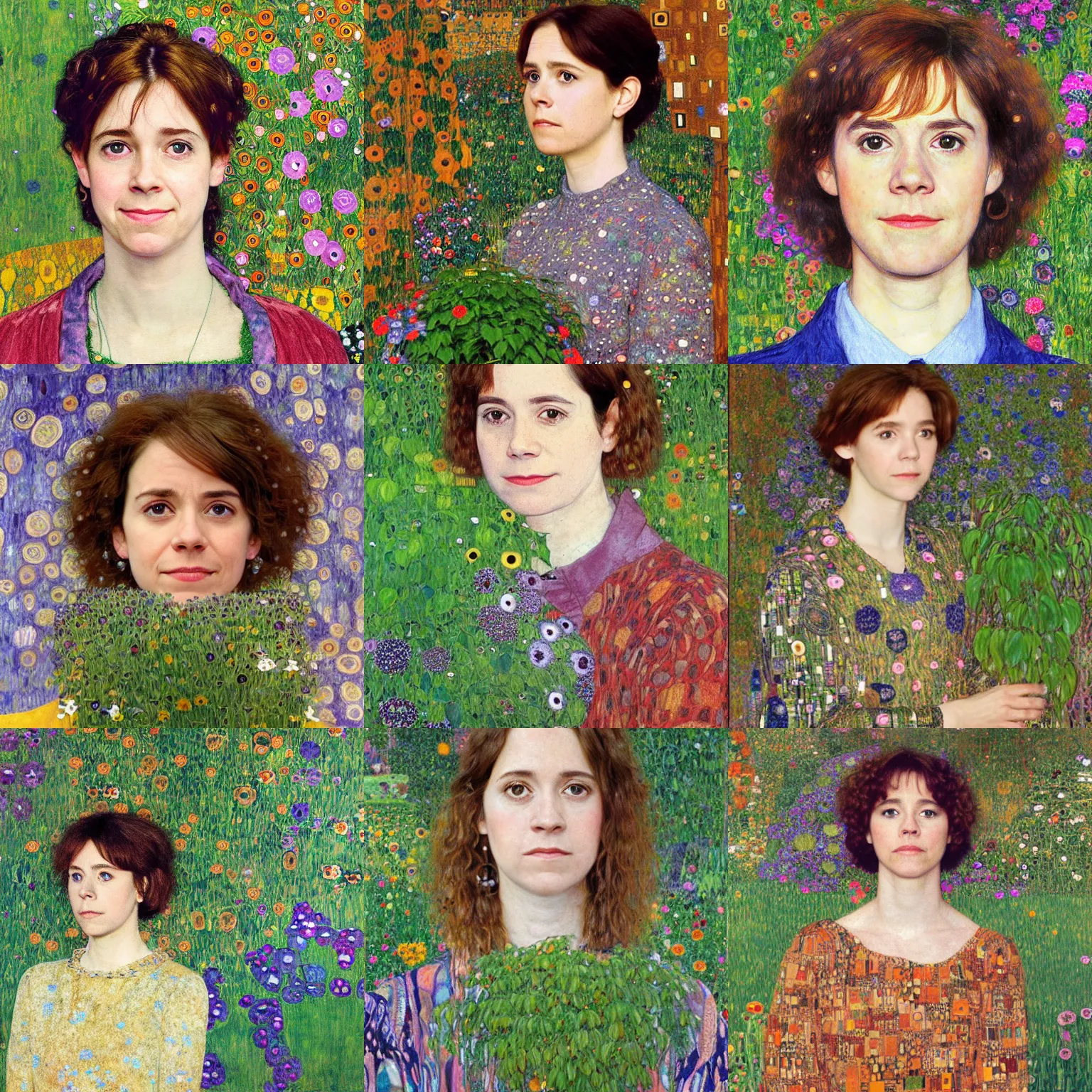Prompt: a portrait of female asa Butterfield mixed with pam beesly, a slight smile, surrounded by plants, by gustav klimt