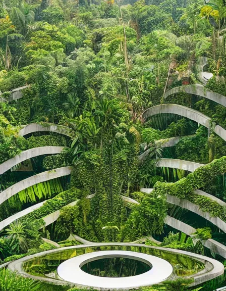 Prompt: a massive liquid gold and white fluid sculpture in the jungle covered in plants and vines, architecture carved for a titan, beautiful in its smoothness and expansiveness, curving geometric arches, architectural photograph by louis kahn and moshe safdie