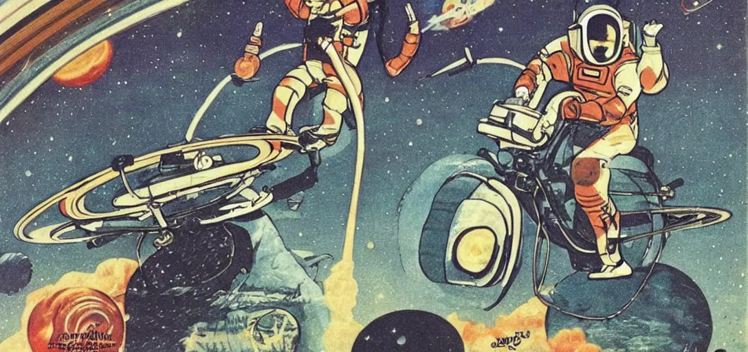 Image similar to astronaut riding on a monocycle on saturn ring, comic style, pulp magazine, vintage scifi