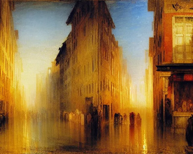 Image similar to a toyko street painting by j. m. w. turner.