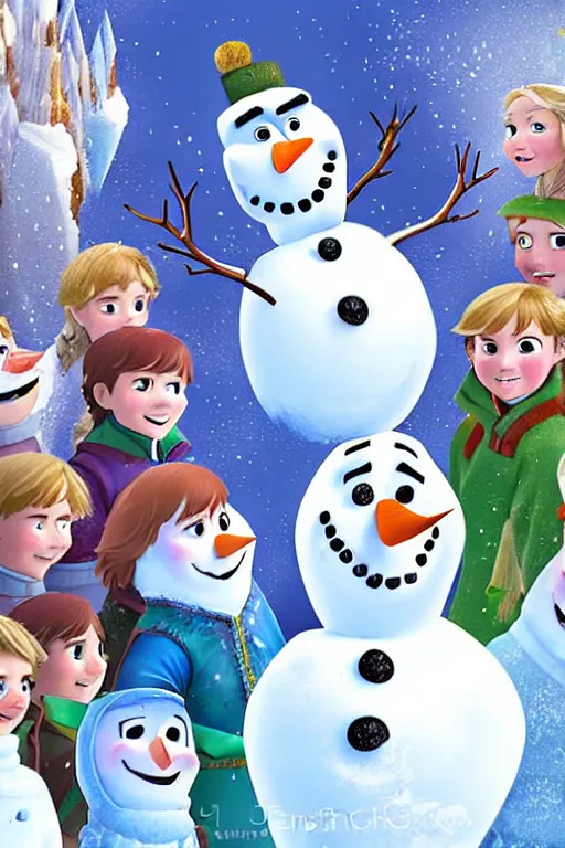 Prompt: illustration for a story that reads : in the land of arendelle, high up in the north, lives a snowman named olaf, who loves to socialize. he talks with all the animals, and he knows just how to make them smile., colorful, fantasy, pixar, childrens book illustration, sharp high detail, manga and anime ( 8 )