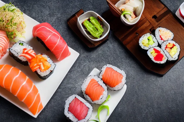 Prompt: sushi hamburger, commercial photography