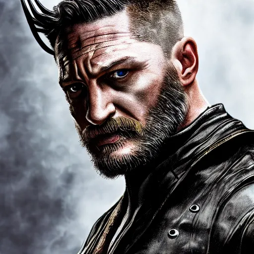 Image similar to Tom Hardy as wolverine in Black Damaged leather suit Digital art 4K quality Photorealism