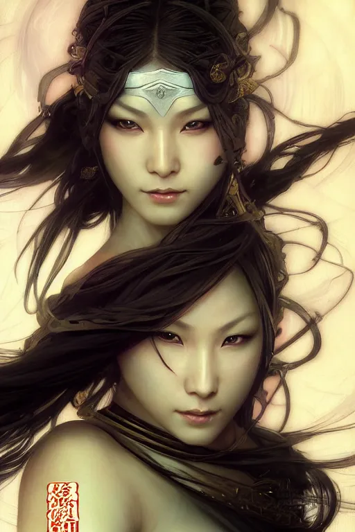 Image similar to beautiful female Ninja and mystery and gorgerous and black magic and stunning portrait+shiny eyes+light flowing hair, in mudra night ruin tokyo temple, ultradetail face, art and illustration by tian zi and craig mullins and WLOP and alphonse mucha, rim lght, fantasy, intricate complexity, human structure, fantasy world concept, watermark, blurry, hyperrealism 8k