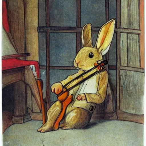 Prompt: a rabbit playing violin inside a church, in the style of carl larsson