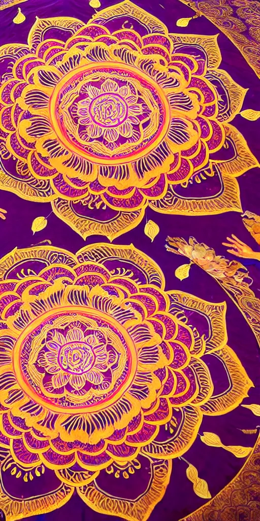 Prompt: a very intricate huge lotus mandala half painted on silk, shot by 5 0 mm f 2