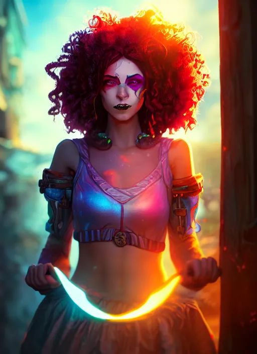 Image similar to an epic fantasy comic book style portrait painting of a girl wearing colorful makeup with a mischievous smile and curly brown hair stepping out of a doorway with light shining behind her, unreal 5, daz, hyperrealistic, octane render, cosplay, rpg portrait, dynamic lighting