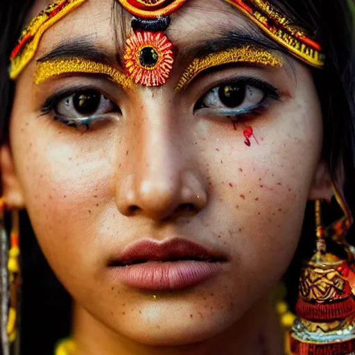 Image similar to portrait of a stunningly beautiful alluring and attractive nepalese tribal female maiden, depth of field, zeiss lens, detailed, symmetrical, centered, fashion photoshoot, by annie leibovitz and steve mccurry, david lazar, jimmy nelsson, breathtaking, 8 k resolution, extremely detailed, beautiful, establishing shot, artistic, hyperrealistic, beautiful face, octane render