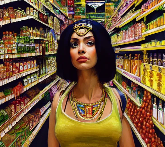 Image similar to low angle photography cleopatra in a grocery store, deep focus, intricate, elegant, highly detailed, digital painting, artstation, concept art, matte, sharp focus, illustration, art by nan goldin, cinematographyby jom jarmusch