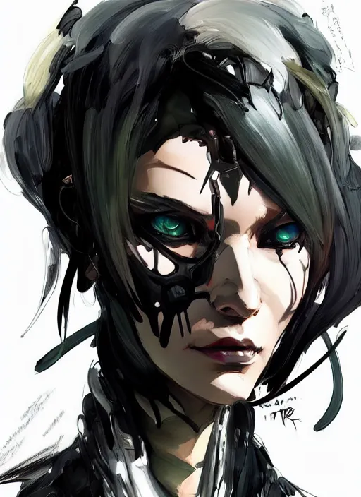 Prompt: portrait of an anthropomorphic female bug with no mouth. in style of yoji shinkawa and hyung - tae kim, trending on artstation, dark fantasy, great composition, concept art, highly detailed, dynamic pose, vibrant colours.