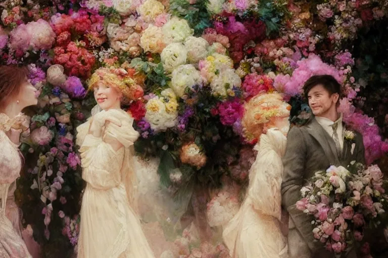 Image similar to the groom look at the bride at a wedding full of flowers, bright and happy, dreamlike art, highly detail, 4 k realistic, wedding photoy krenz cushart, artem demura, yoji shinkawa artgerm, jon lothian, danilo torres. adi meyers. thomas reimann. gaston bussiere.