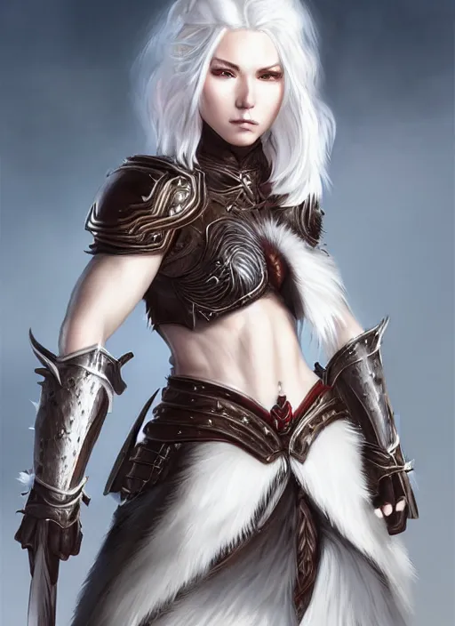 Image similar to warrior, fur leather armor!!! beautiful and elegant white hair female!! gorgeous ayes!! character concept art, sharp focus, octane render! unreal engine 5! highly rendered!! trending on artstation!! detailed linework!! illustration by artgerm, wlop, and chie yoshii