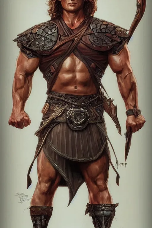 Image similar to portrait of pretty muscular sam winchester as a irish warrior mage alternative universe, muscular body tattooed, d & d!, fantasy style, sharp focus!, ultra detailed, art by artgerm and peter andrew jones, wlop