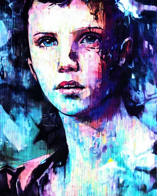 Prompt: Portrait of Millie Bobby Brown in a jungle of lightning by Yoji Shinkawa