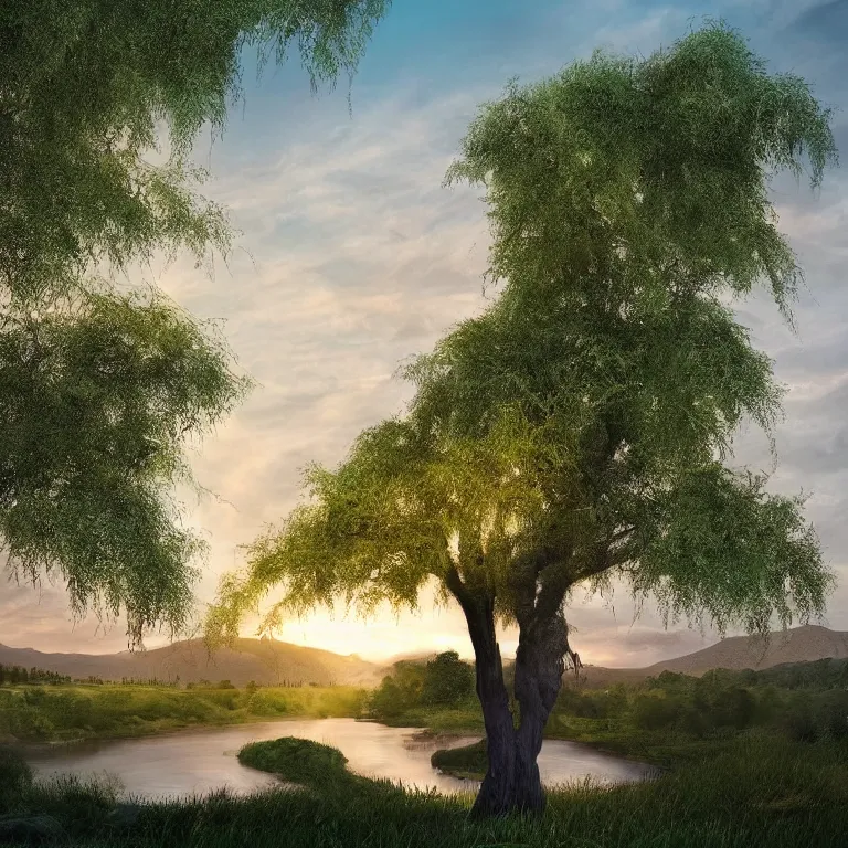 Image similar to featured on artstation majestic dark green willow tree overlooking swirling river valley at sunset, beautiful image stylized digital art