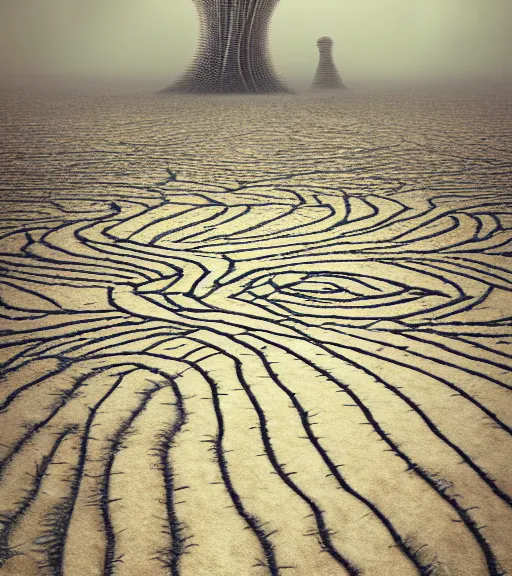 Prompt: surreal theory of the massive inverted roots labyrinth, unfinished outdated vertical roots of white sand, futuristic tower, futuritic architecture, ancient epic tower in the desert, biroremediation plant, foggy sky, dark night, a little bit of patchy cactus, octane render, unreal engine, pale colors, high detail, 8 k, wide angle, trending on artstation, behance