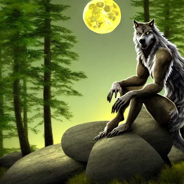 Prompt: A werewolf sitting on a rock, woodland creek, realistic, yellowish full moon