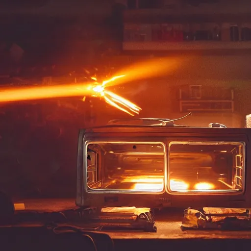 Image similar to cyborg toaster oven repairman, dark messy smoke - filled cluttered workshop, dark, dramatic lighting, orange tint, sparks, plasma rays, cinematic, highly detailed, sci - fi, futuristic, movie still, rule of thirds composition