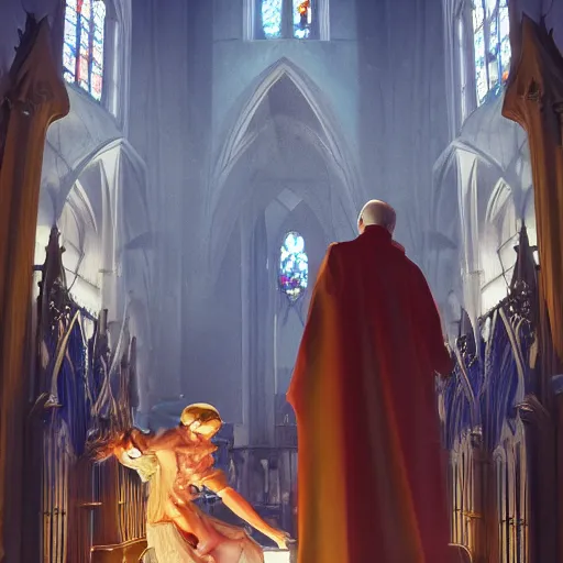 Image similar to angel protecting man who is praying inside a gothic church by Stanley Artgerm Lau, WLOP, Rossdraws, James Jean, Andrei Riabovitchev, Marc Simonetti, Yoshitaka Amano, ArtStation, CGSociety