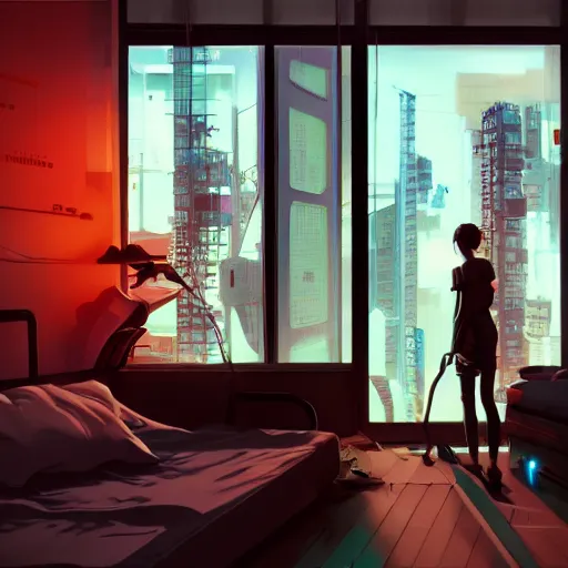 Image similar to the cyberpunk apartment, render, octane, 4k, highly detailed, vivid colors, high definition, by James Gilleard and Makoto Shinkai