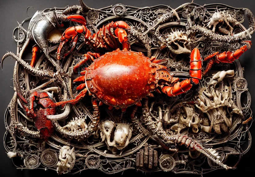 Prompt: intricate detail. an opulent banquet of food on a table covered with robot lobster and robot spiders and robot king crabs and huge metal animal skulls. biomechanical giger ’ s xenomorph. the thing. the blob. reclaimed lumber, detailed and intricate environment, hyperrealism, food photography, rembrandt