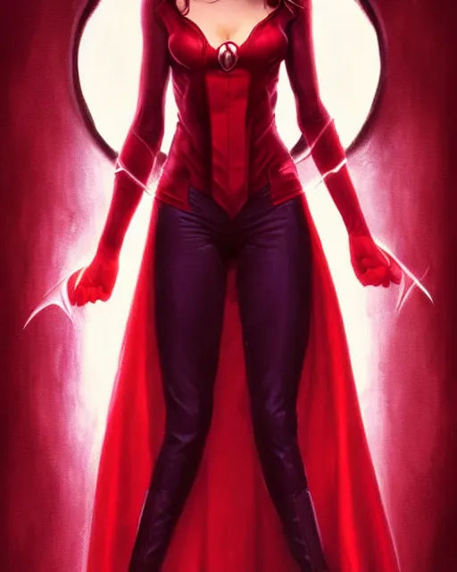 Image similar to Scarlet witch marvel, Sarah Michelle Gellar, evil smile, spells magic, realistic character concept, medium shot, fun pose, comic book, illustration, slender symmetrical face and body, cinematic lighting, high resolution, Charlie Bowater, Norman Rockwell, symmetrical eyes, single face, insanely detailed and intricate, beautiful