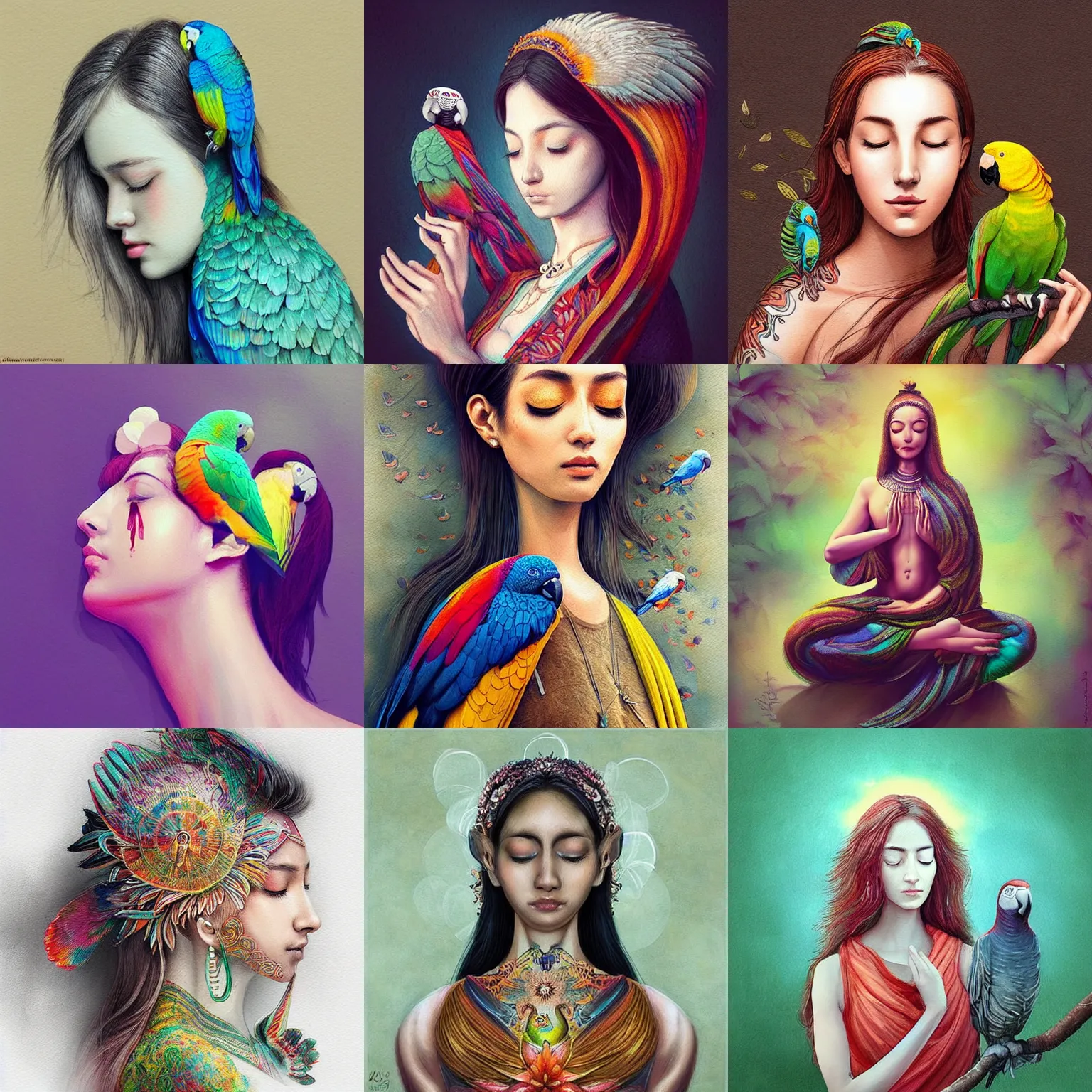 Prompt: “Woman meditating, parrot on head, ultra-detailed, incredibly detailed, amazing fine details, concept art, digital painting, watercolor oil painting, trending on artstation, by artgerm”