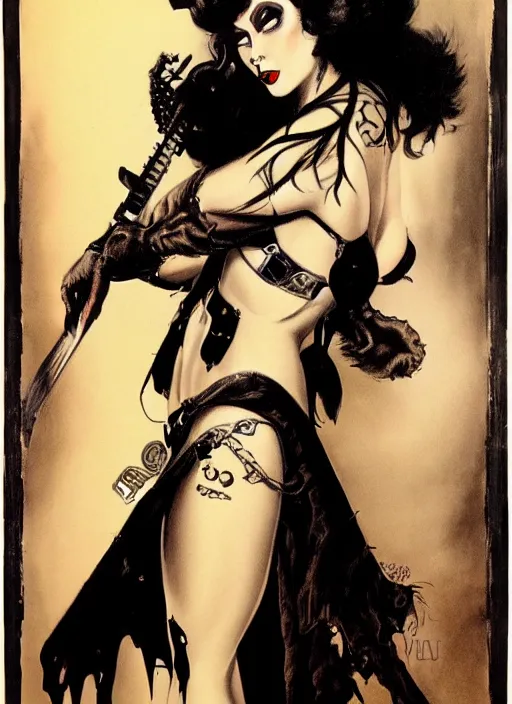 Image similar to goth girl burlesque psychobilly punk, detailed face, white background, drawing, illustration by frank frazetta and boris vallejo