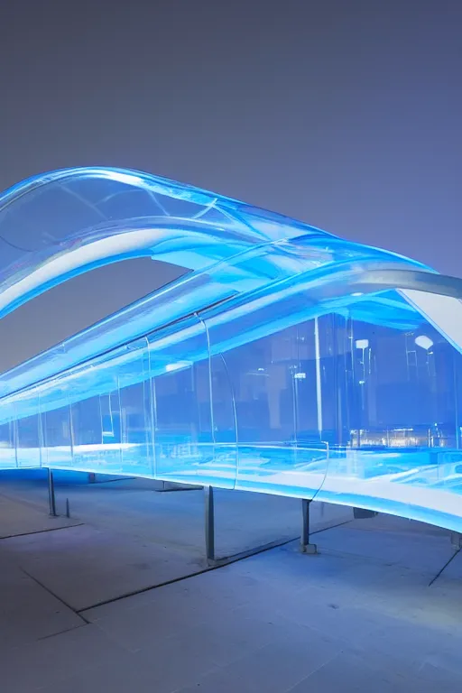 Prompt: transparent long clear blue plastic hyperloop by zaha hadid, glowing in the dark