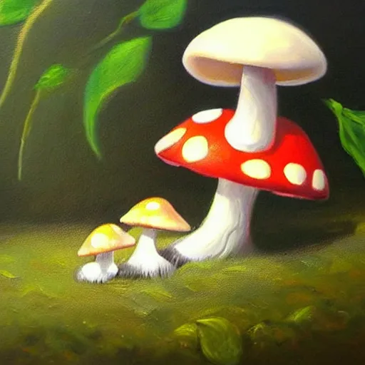 Image similar to a professional oil painting of a cute creature sitting next to a mushroom, detailed, realistic