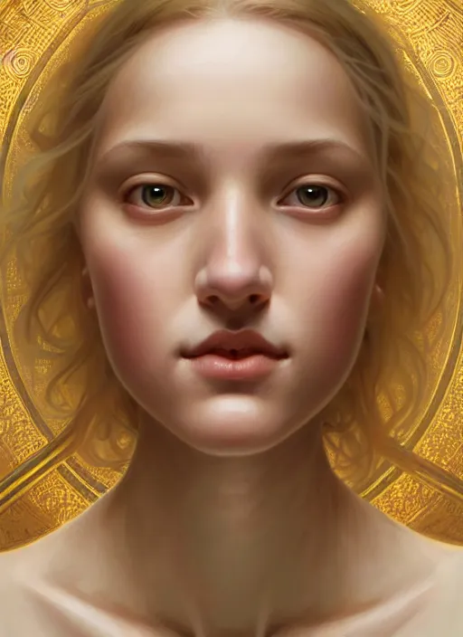 Prompt: symmetrical feminine face, portrait of young woman blessed by god with ever - increasing physical and mental perfection, blonde hair, perfect face!! intricate, elegant, highly detailed, vision of holy perfection!! smile, digital painting, artstation, concept art, smooth, sharp focus, illustration, art by artgerm and greg rutkowski and alphonse mucha