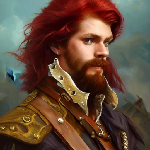 Image similar to portrait of a young pirate captain, male, masculine, handsome, upper body, red hair, long hair, cheerful, D&D, fantasy, intricate, elegant, highly detailed, digital painting, artstation, concept art, sensual, cinematic lighting, cutscene, sharp focus, illustration, art by Artgerm and Greg Rutkowski and Alphonse Mucha