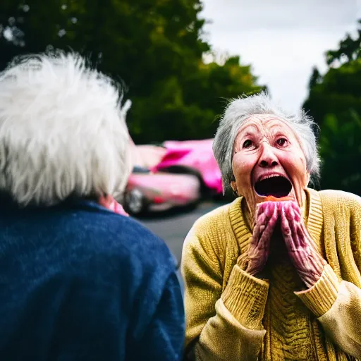 Prompt: elderly woman screaming at an alien, canon eos r 3, f / 1. 4, iso 2 0 0, 1 / 1 6 0 s, 8 k, raw, unedited, symmetrical balance, wide angle