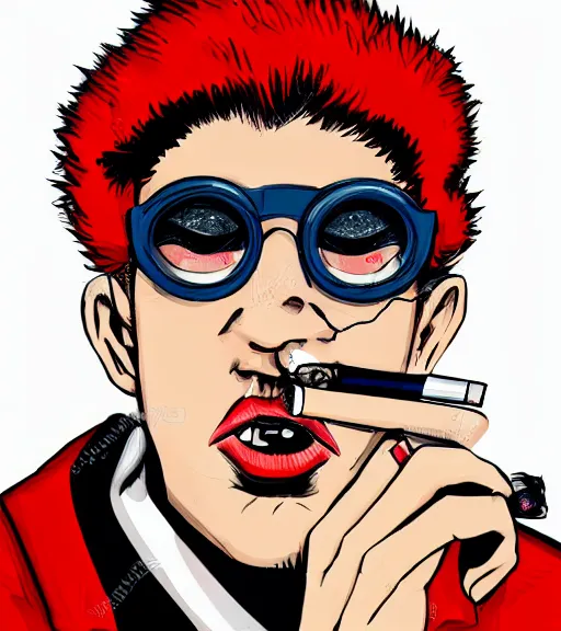 Image similar to young man in red jacket and white shirt, white hair, round goggles, smoking cigarette, character portrait, sharp focus, illustration, high detailed