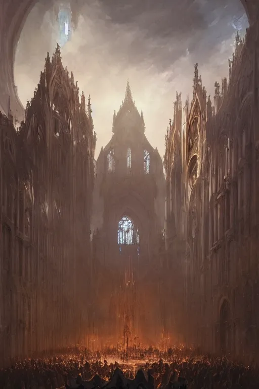 Image similar to epic battle between human warriors mages and demons, cathedrals and abbeys, by greg rutkowski