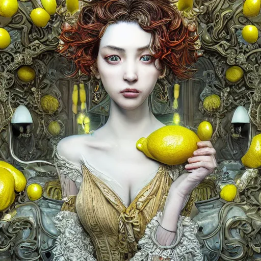 Image similar to the portrait of a sensual lemon that resembles an absurdly beautiful, graceful, elegant, idol, an ultrafine hyperdetailed illustration by kim jung gi, irakli nadar, intricate linework, bright colors, octopath traveler, final fantasy, unreal engine 5 highly rendered, global illumination, radiant light, detailed and intricate environment