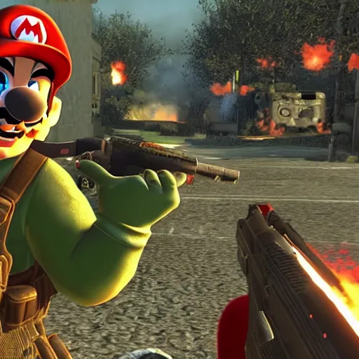 Prompt: A screenshot of Call Of Duty: Super Mario Brothers