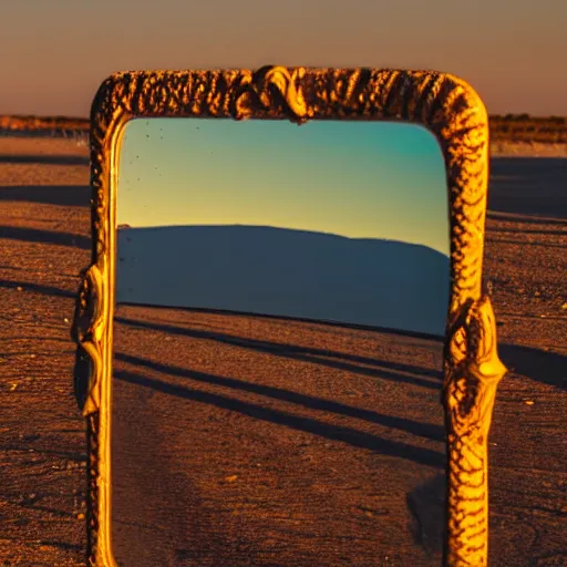 Prompt: A mirror in a desert, sunset, high saturation, vibrant
