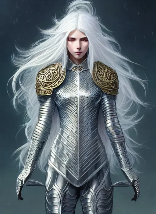 Image similar to light iridescent armor!!! long wild white hair!! covered chest!!! fantasy, d & d, intricate ornate details, digital painting, pretty face!!, symmetry, concept art, sharp focus, illustration, art by artgerm! greg rutkowski magali villeneuve wlop! ilya kuvshinov!!, octane render