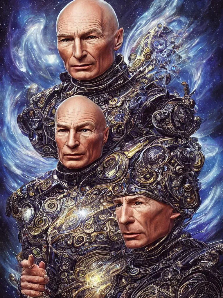 Image similar to fullbody portrait. very complex hyper-maximalist overdetailed cinematic cosmic scifi portrait of an elegant very attractive Captain Picard of the universe by andrei riabovitchev, tomasz alen kopera, oleksandra shchaslyva and peter morbacher. Extremely ornated and decorative. Fancy luxury beautiful. Omnious intricate. Secessionist portrait illustration. Goddess of the sky. Focus on face. Artstation. Deviantart. 8k 4k 64megapixel. Rendered by binx.ly.