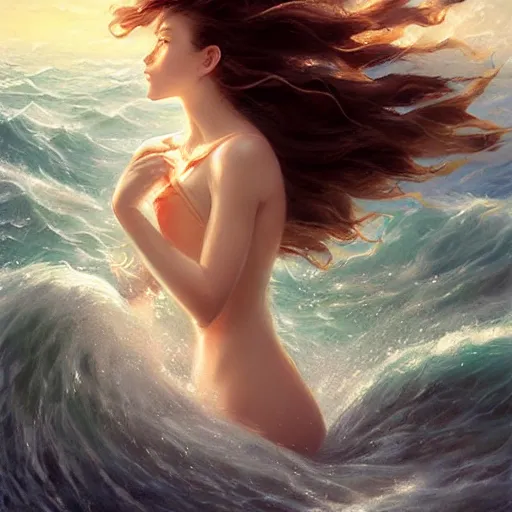 Image similar to portrait of beautiful woman in big waves at sea, long hair blowing in the wind, an oil painting by ross tran and thomas kincade, studio ghibli