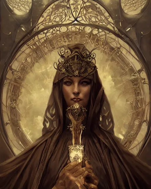 Image similar to tarot card, high priestess, Art nouveau, intricate, elegant, highly detailed, concept art, sharp focus, beautiful face, by bastien deharme, Brom, trending on Artstation