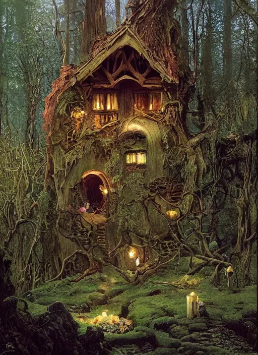 Image similar to hyper realistic witch cottage rococo in the woods gorgeous lighting, highly detailed, lush forest painting by zdzisław beksinski and norman rockwell and greg rutkowskiweta studio, and lucasfilm