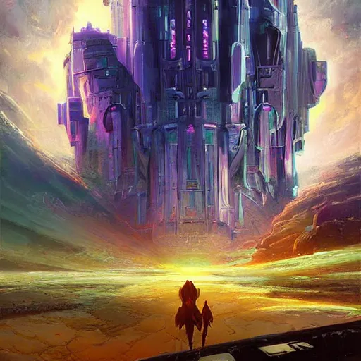 Image similar to skies walking castle crashed spaceship rich digital art depth of field sacred fantasy by alex grey, syd mead, john berkey, fenghua zhong, alena aenami, tristan eaton, john stephens, arthur adams