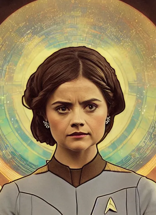 Image similar to jenna coleman as a star trek captain, a still from star trek painted by alphonse mucha. clear highly detailed face, beautiful sci fi art